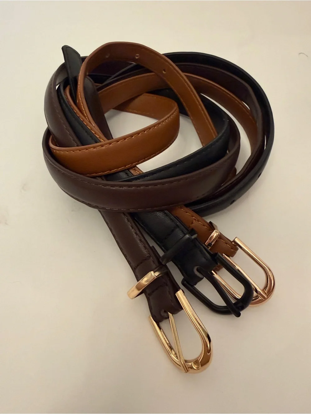 Three Classic Skinny Faux Leather Belts - Black, Brown, Tan